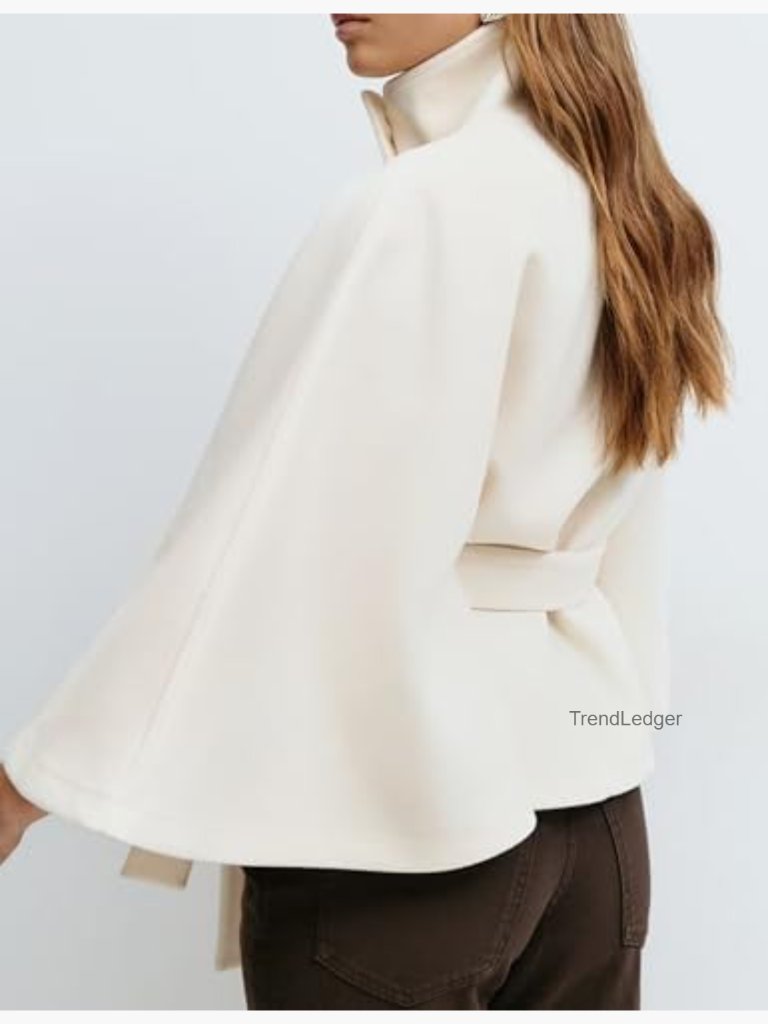 Vintage Batwing Cape Coat Oversized Wool Pea Jacket Belted Stand Collar Cropped — image 4 of 7